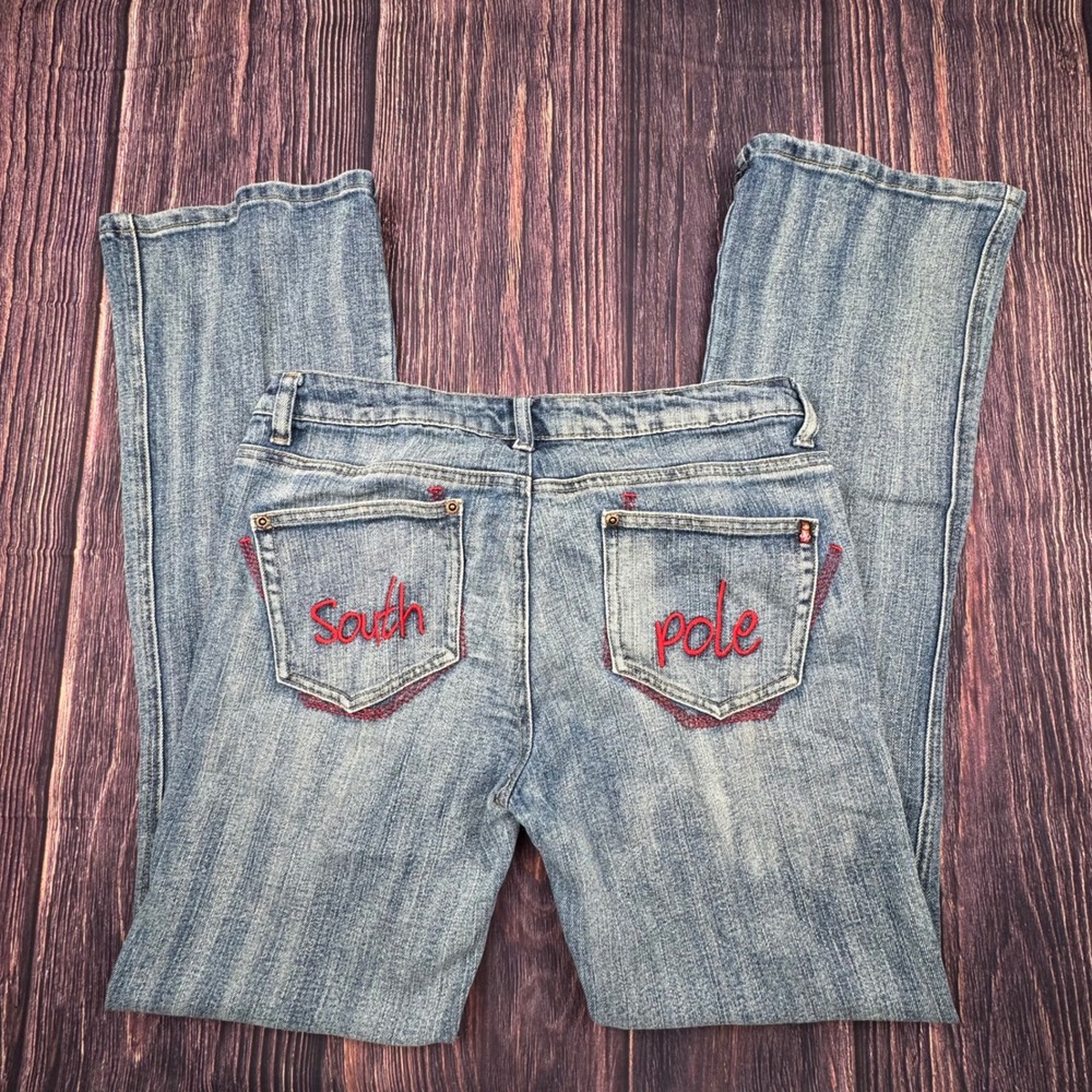 Vintage Southpole Flare Jeans 11 Ramie Blend Y2K Red Script Embroidered Denim